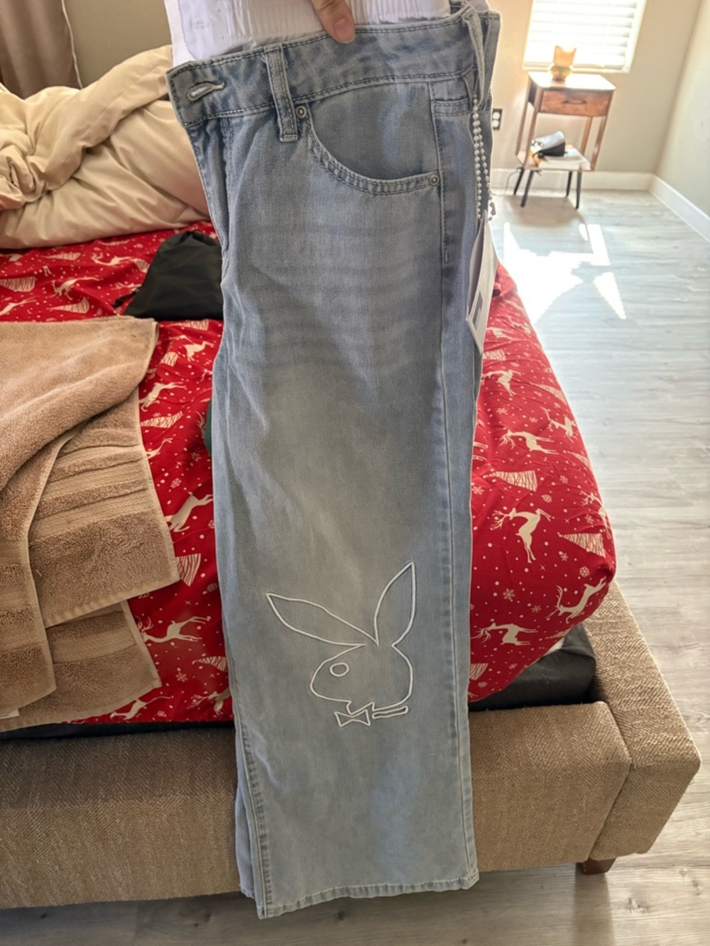 PLAYBOY Light Wash Straight Leg Jeans with Embroidered Bunny